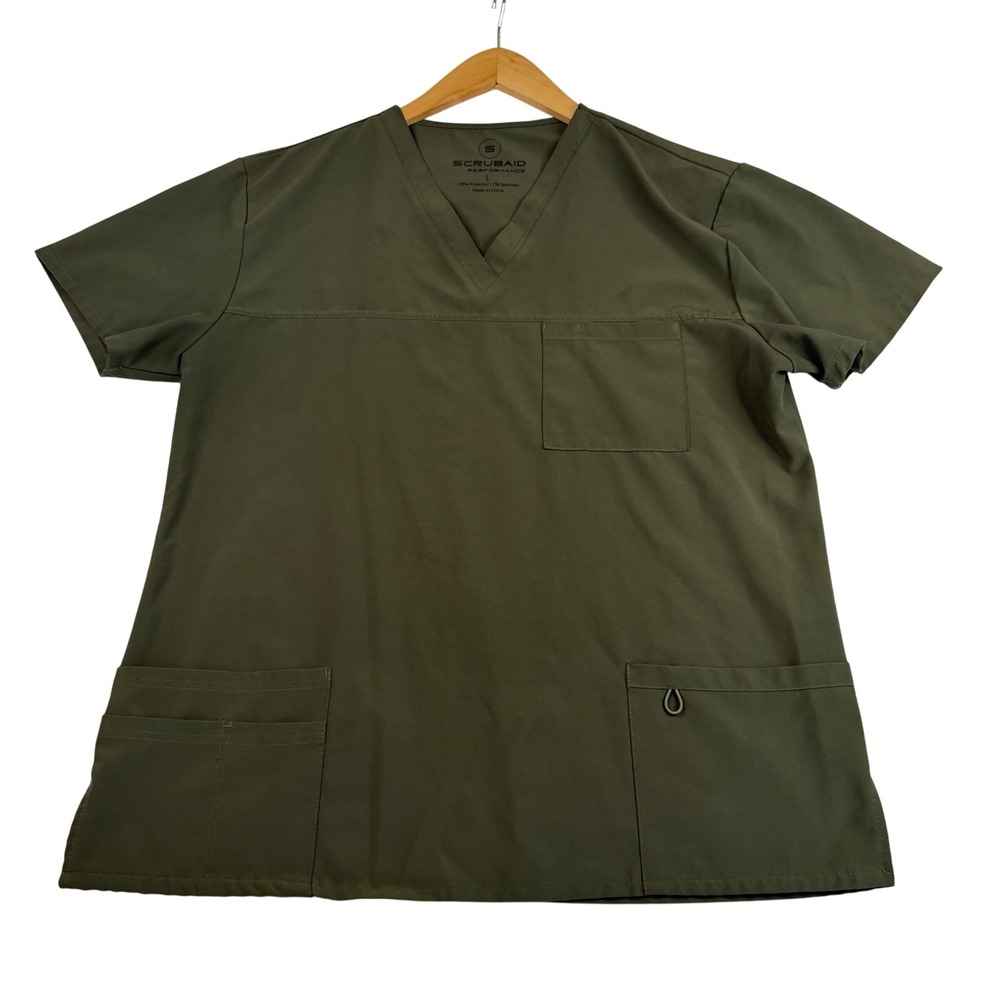 Scrubaid Performance Mens Large Olive Green V-Neck 4-Pocket Medical Scrub Top